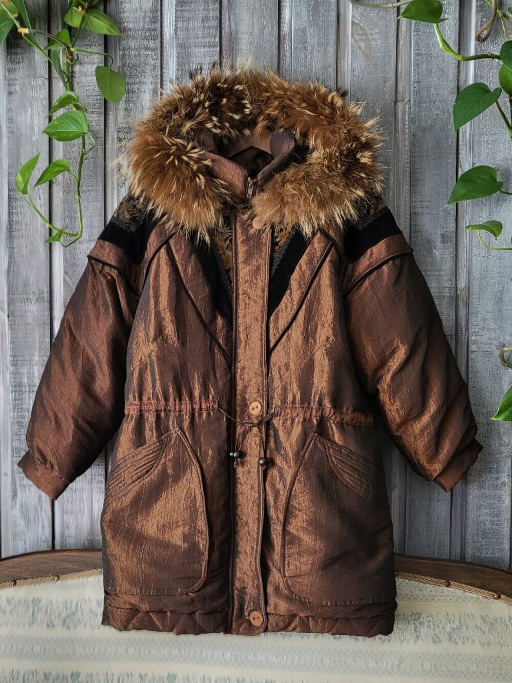 Vintage 90s Bronze Down Puffer Coat Faux Fur Hood Velvet M